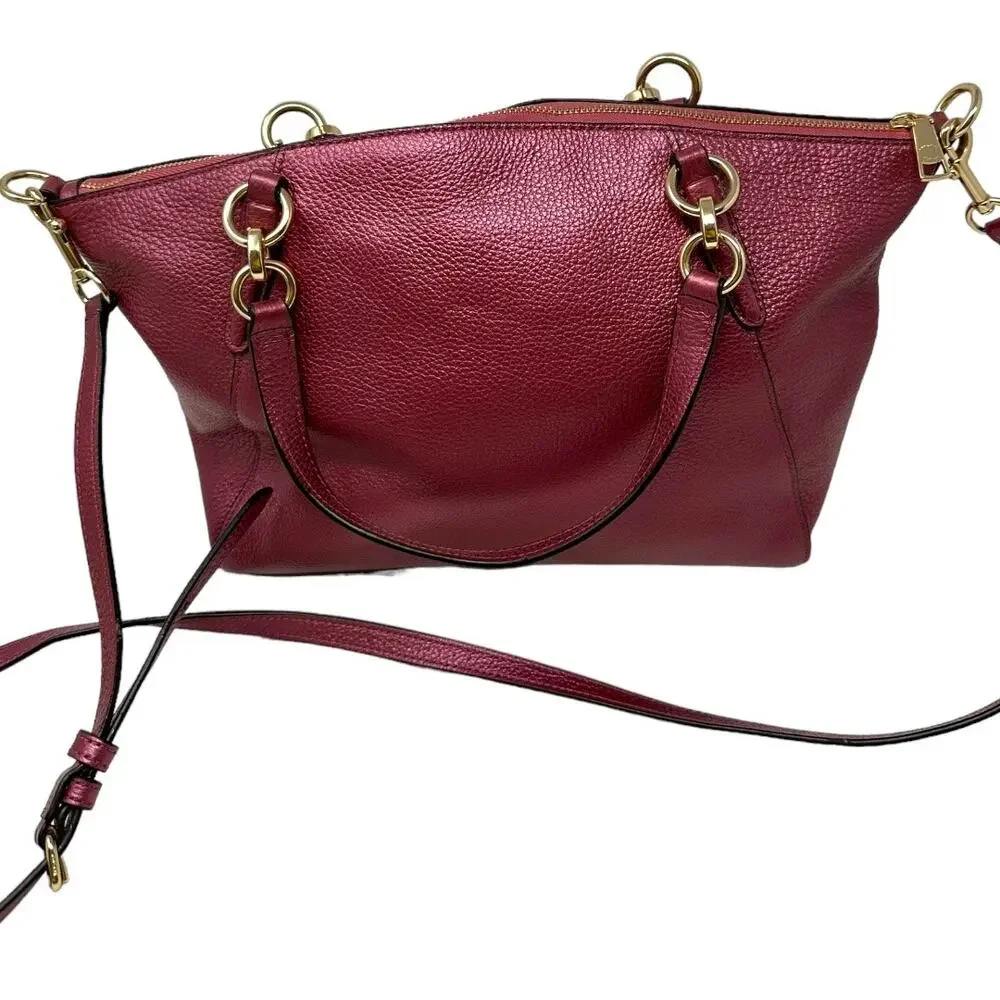 Coach Pebbled Leather Satchel Crossbody Bag Metallic Burgundy Gold Hardware